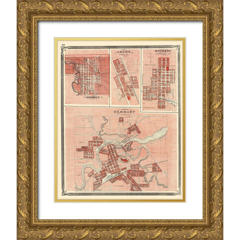 Elkhart, Goshen, Argos, Bourbon Indiana Gold Ornate Wood Framed Art Print with Double Matting by Baskin