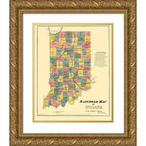 Railroad Map of Indiana - Morris 1852 Gold Ornate Wood Framed Art Print with Double Matting by Morris