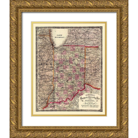 Indiana - Cram 1875 Gold Ornate Wood Framed Art Print with Double Matting by Cram
