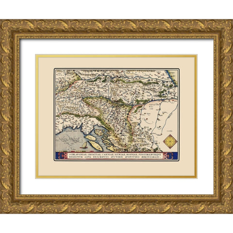 Adriatic Eastern Region - Ortelius 1570 Gold Ornate Wood Framed Art Print with Double Matting by Ortelius