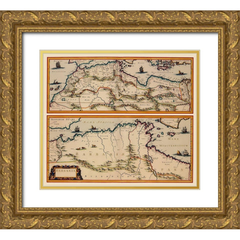 Africa Northern Coast - Blaeu 1650 Gold Ornate Wood Framed Art Print with Double Matting by Blaeu