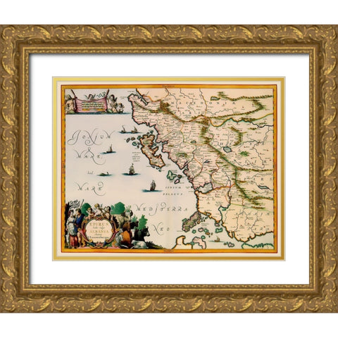 Albania Greece - Jansson 1654 Gold Ornate Wood Framed Art Print with Double Matting by Jansson