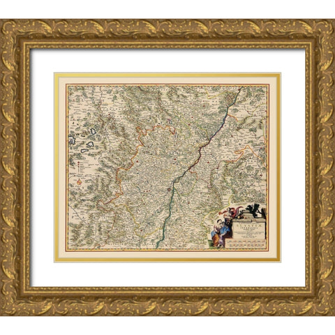 Lower Alsace Region France Germany - Visscher 1681 Gold Ornate Wood Framed Art Print with Double Matting by Visscher