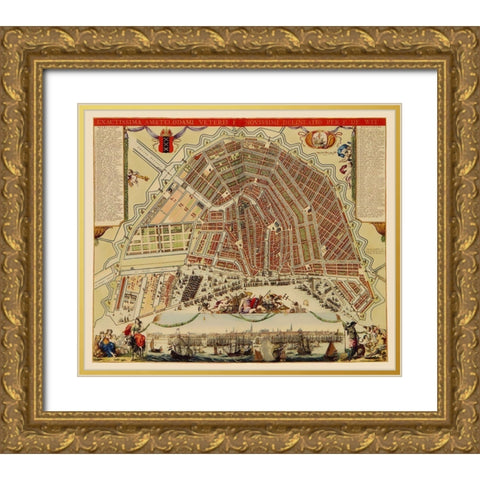 Amsterdam Panoramic Netherlands - De Wit 1688 Gold Ornate Wood Framed Art Print with Double Matting by De Wit