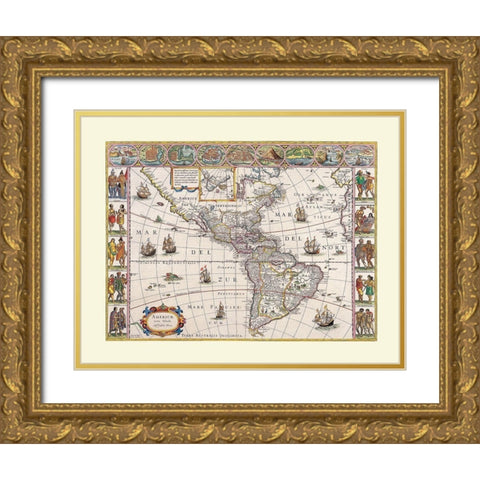 North South America - Blaeu Gold Ornate Wood Framed Art Print with Double Matting by Blaeu