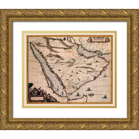 Arabian Peninsula Middle East - Blaeu 1662 Gold Ornate Wood Framed Art Print with Double Matting by Blaeu