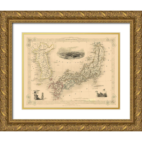 Japan Korea - Tallis 1851 Gold Ornate Wood Framed Art Print with Double Matting by Tallis