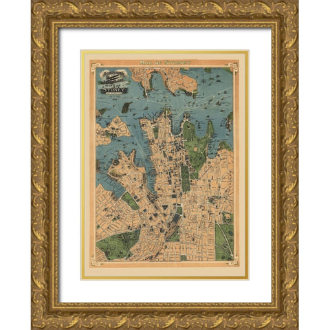 Sydney Australia Aeroplane View - Robinson 1922 Gold Ornate Wood Framed Art Print with Double Matting by Robinson