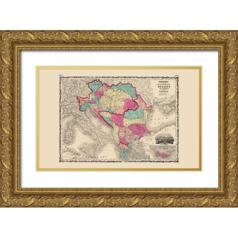 Austria Turkey Greece - Johnson 1860 Gold Ornate Wood Framed Art Print with Double Matting by Johnson