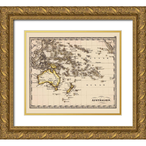 Australia Oceania - Stieler 1852 Gold Ornate Wood Framed Art Print with Double Matting by Stieler