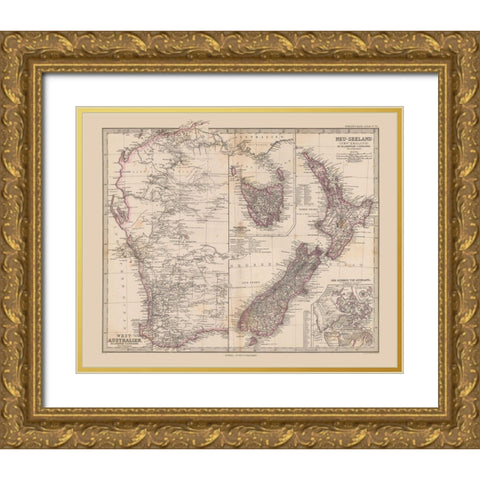 West Australia New Zealand - Stieler  1885 Gold Ornate Wood Framed Art Print with Double Matting by Stieler