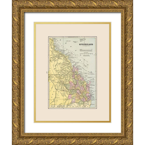 Queensland Australia - Cram 1892 Gold Ornate Wood Framed Art Print with Double Matting by Cram