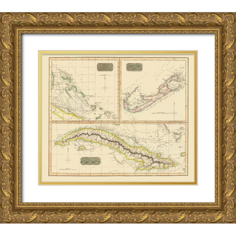 Bahamas Bermuda Cuba Islands - Thomson 1829 Gold Ornate Wood Framed Art Print with Double Matting by Thomson