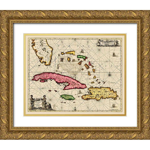 Sea Chart Bahamas Cuba Jamaica - Jansson 1650 Gold Ornate Wood Framed Art Print with Double Matting by Jansson