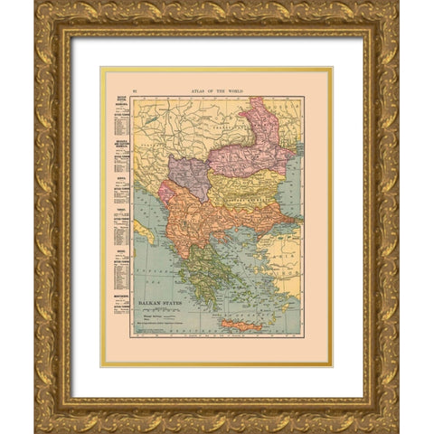 Balkan States Europe - Hammond 1910 Gold Ornate Wood Framed Art Print with Double Matting by Hammond