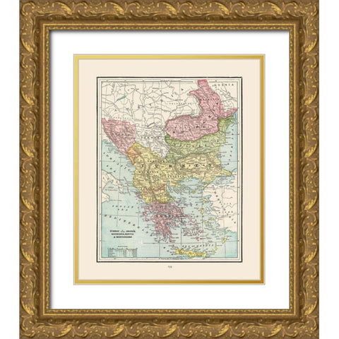 Turkey Greece Romania Serbia - Cram 1892 Gold Ornate Wood Framed Art Print with Double Matting by Cram