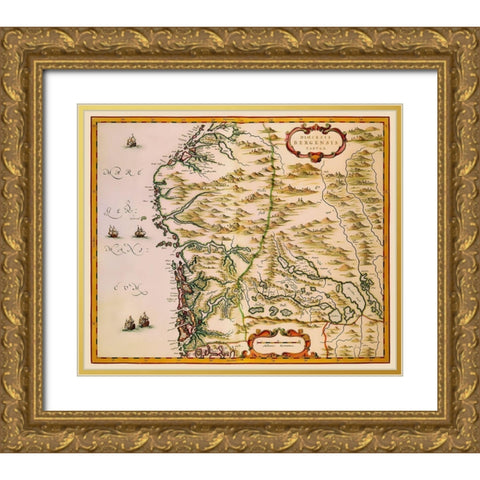 Bergen Norway Scandinavia - Blaeu 1662 Gold Ornate Wood Framed Art Print with Double Matting by Blaeu
