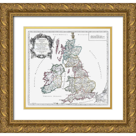 British Isles - Vaugondy 1757 Gold Ornate Wood Framed Art Print with Double Matting by Vaugondy