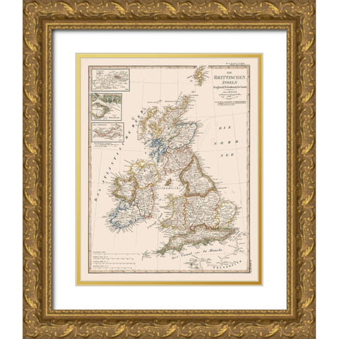 British Isles - Stieler 1823 Gold Ornate Wood Framed Art Print with Double Matting by Stieler