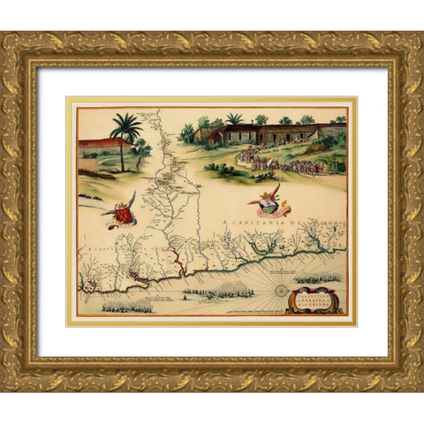 Brazilian Coast Brazil South America - Blaeu 1662 Gold Ornate Wood Framed Art Print with Double Matting by Blaeu