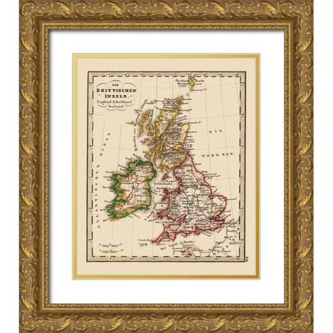British Isles Great Britain - Stieler 1852 Gold Ornate Wood Framed Art Print with Double Matting by Stieler
