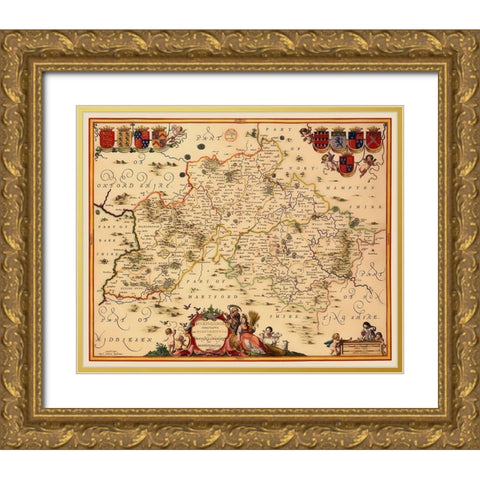 Buckinghamshire County England - Jansson 1646 Gold Ornate Wood Framed Art Print with Double Matting by Jansson