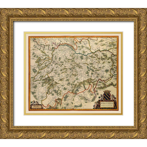 Burgundy France - Blaeu 1662 Gold Ornate Wood Framed Art Print with Double Matting by Blaeu