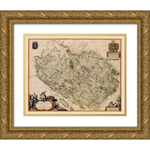 Burgundy Region France - Blaeu 1662 Gold Ornate Wood Framed Art Print with Double Matting by Blaeu