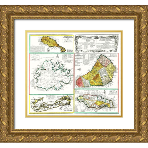 Islands of Caribbean West Indies Jamaica Barbados Gold Ornate Wood Framed Art Print with Double Matting by Unknown