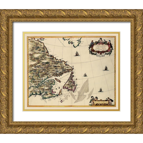 Atlantic Coast Canada - Blaeu 1662 Gold Ornate Wood Framed Art Print with Double Matting by Blaeu
