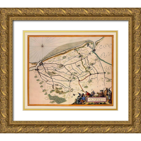 Calais Region France - Blaeu 1662 Gold Ornate Wood Framed Art Print with Double Matting by Blaeu