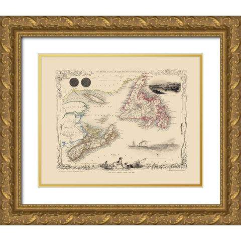Nova Scotia Newfoundland Canada - Tallis 1851 Gold Ornate Wood Framed Art Print with Double Matting by Tallis