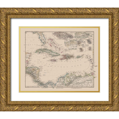 Caribbean Venezuela Columbia Costa Rica Nicaragua Gold Ornate Wood Framed Art Print with Double Matting by Stieler