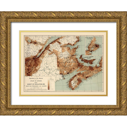 Maritime Provinces Quebec Canada 1901 - White 1906 Gold Ornate Wood Framed Art Print with Double Matting by White