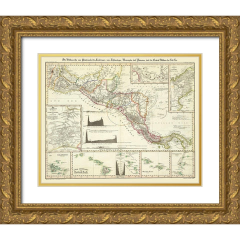 Central America Hawaii - Perthes 1840  Gold Ornate Wood Framed Art Print with Double Matting by Perthes