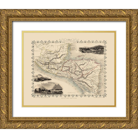 Central America - Tallis 1851 Gold Ornate Wood Framed Art Print with Double Matting by Tallis