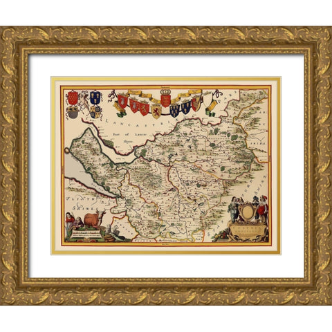 Cheshire County England - Blaeu 1646 Gold Ornate Wood Framed Art Print with Double Matting by Blaeu