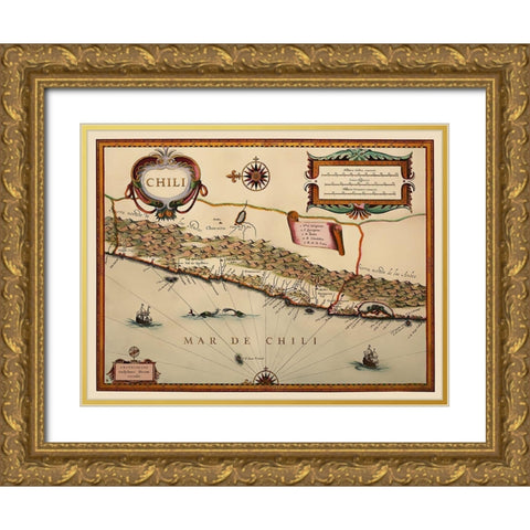 South America Chile - Blaeu 1630 Gold Ornate Wood Framed Art Print with Double Matting by Blaeu