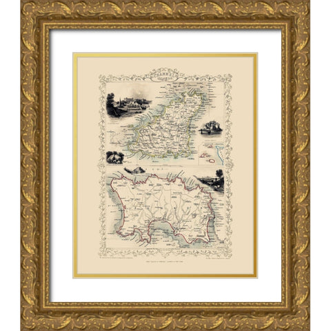 Channel Islands Great Britain - Tallis 1851 Gold Ornate Wood Framed Art Print with Double Matting by Tallis