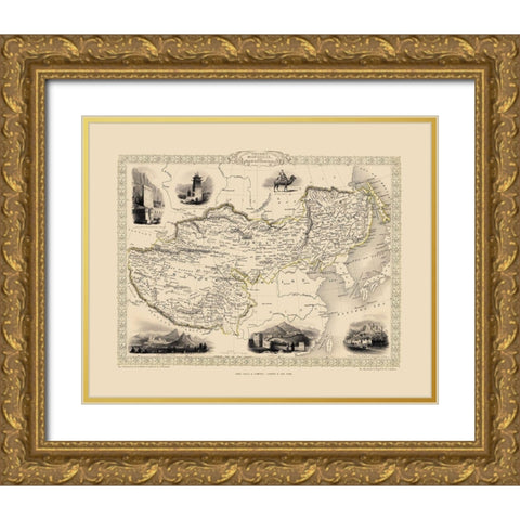 Asia China Tibet Mongolia - Tallis 1851 Gold Ornate Wood Framed Art Print with Double Matting by Tallis