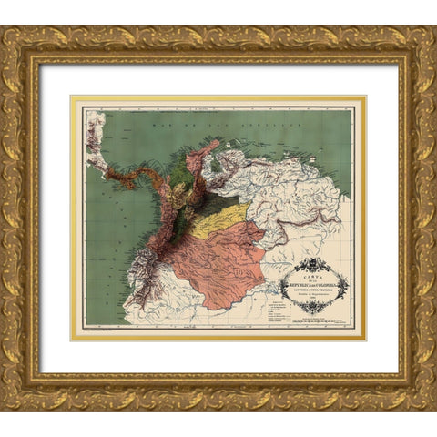 South America Republic of Colombia - Lahure 1886 Gold Ornate Wood Framed Art Print with Double Matting by Lahure
