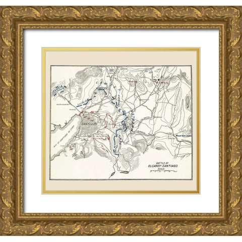 El Carney-Santiago Battle Map 3 of 3 1907 Gold Ornate Wood Framed Art Print with Double Matting by McClurg