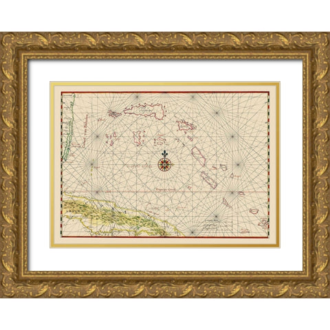 Cuba Bahamas - Vinckeboons 1650 Gold Ornate Wood Framed Art Print with Double Matting by Vinckeboons