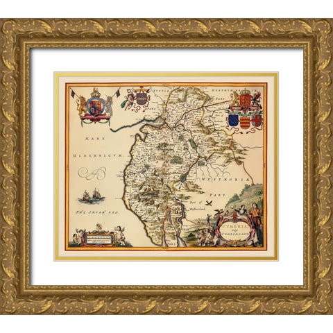 Cumbria Cumberland County England - Blaeu 1645 Gold Ornate Wood Framed Art Print with Double Matting by Blaeu