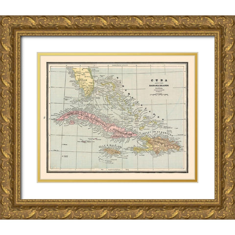 Central America Cuba Bahama Islands - Cram 1888 Gold Ornate Wood Framed Art Print with Double Matting by Cram