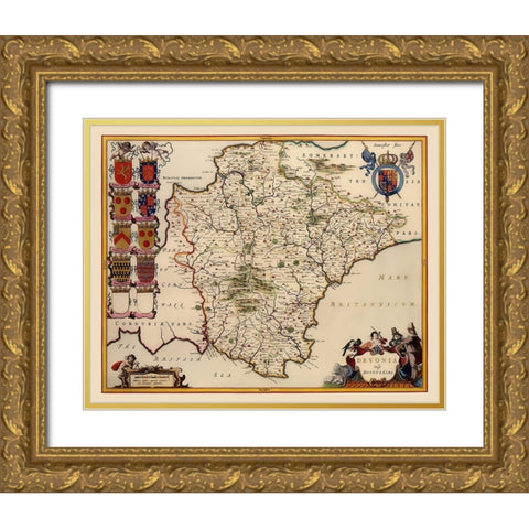 Devon County England - Blaeu 1646 Gold Ornate Wood Framed Art Print with Double Matting by Blaeu