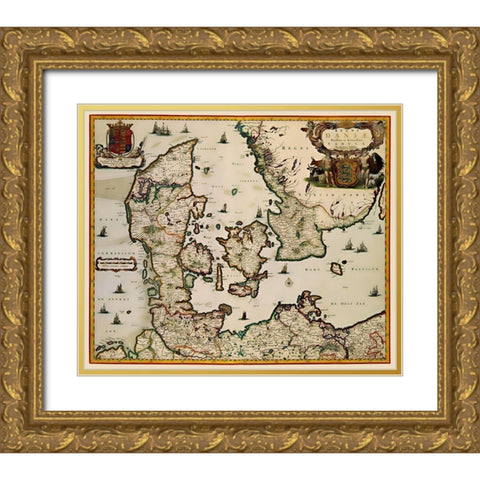 Scandinavia Denmark - Blaeu 1662 Gold Ornate Wood Framed Art Print with Double Matting by Blaeu