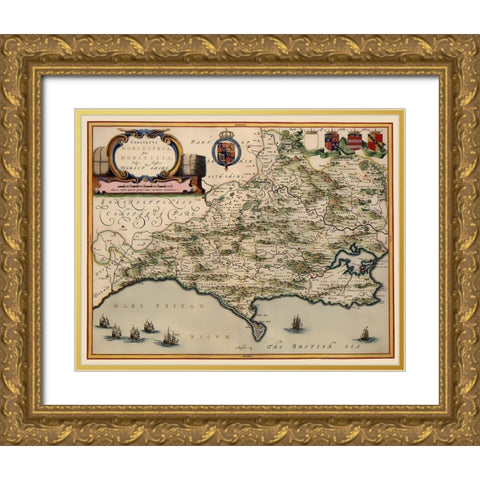 Dorset County England - Blaeu 1646 Gold Ornate Wood Framed Art Print with Double Matting by Blaeu
