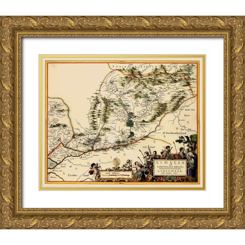 Great Britain England Scotland Border - Blaeu 1654 Gold Ornate Wood Framed Art Print with Double Matting by Blaeu