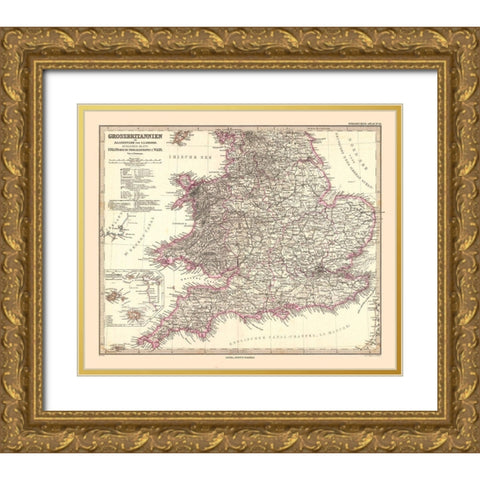 England Wales - Stieler 1885 Gold Ornate Wood Framed Art Print with Double Matting by Stieler